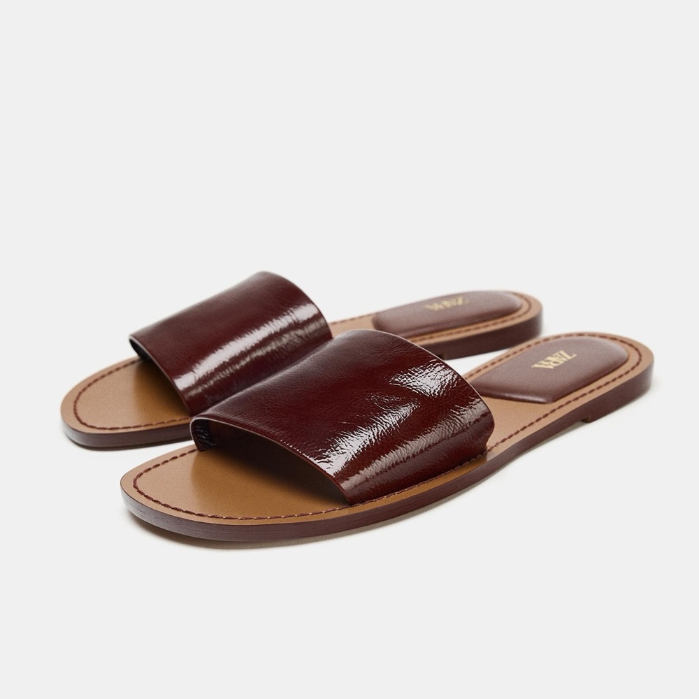 Zara Soft leather Women's Dark Maroon/Brown Slide Sandals Size 7.5 EU 8